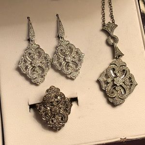 Silver Over Brass 1/10 CTTW Diamond Pendant, Chain, Earrings, Ring Set